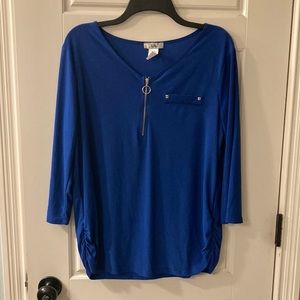 Blue 3/4 length zip-up blouse